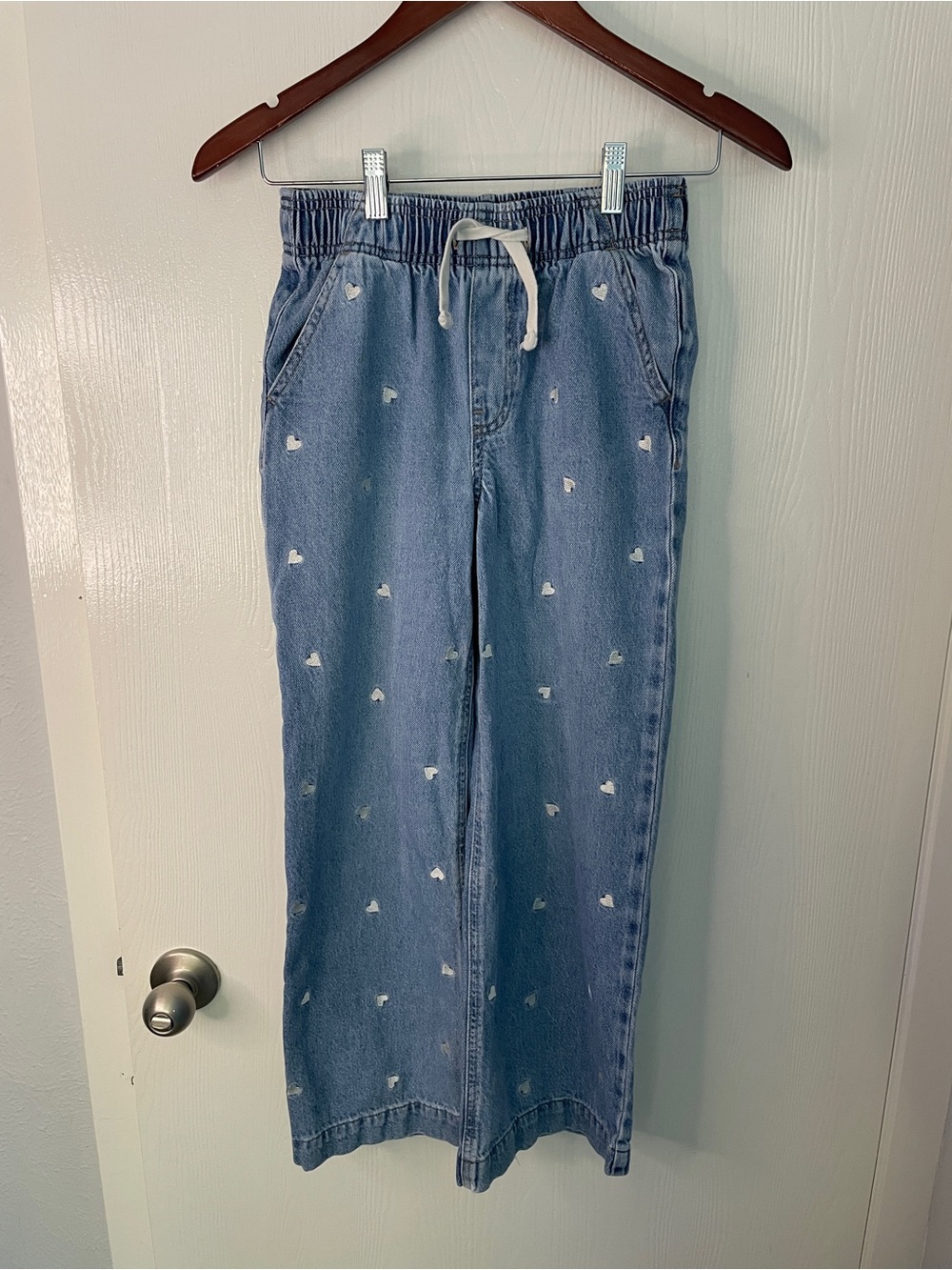 Gap Kids Girls Easy Wide Leg Pull-On Jeans L 10 Heart Embroidered Denim